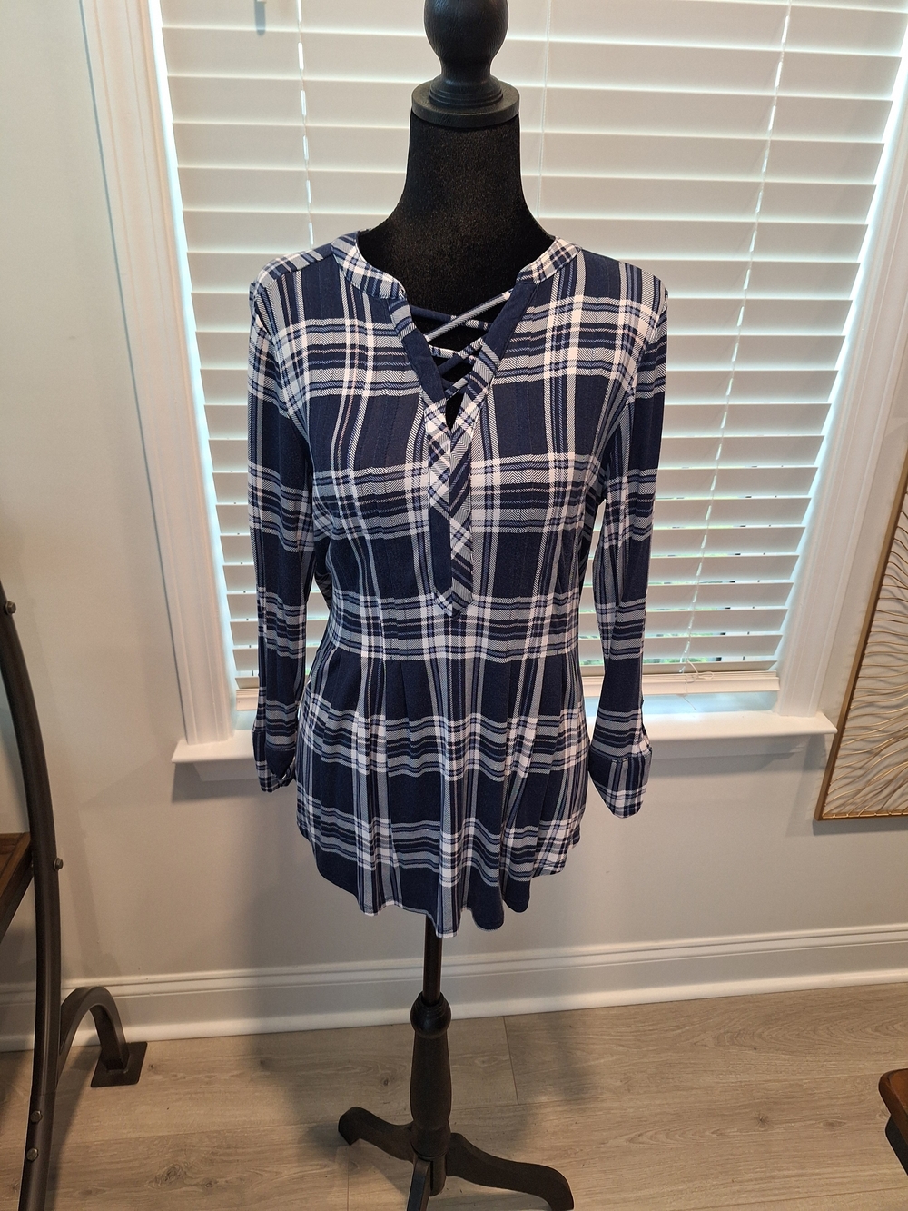 Westport Navy and White Plaid Crisscross V-Neck Tunic